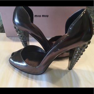 Prada Miu Miu Jeweled Heels METALLIC GREY Size 36